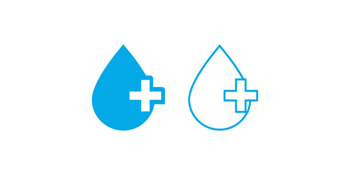 Blue water drop icons with medical plus symbol for health and hydration.