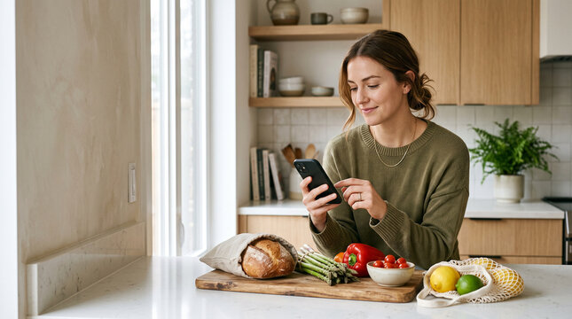 woman holding smartphone ordering fresh food online grocery shopping at home in modern kitchen