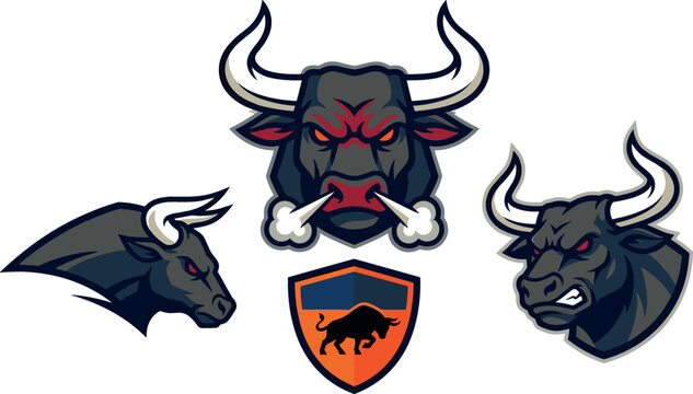 Varsity Bull Mascot Set Vector Featuring Flat Cartoon School Team Logo Icons Raging Bull Head with Snorting Smoke Profile Portrait and Orange Shield Silhouette Elements