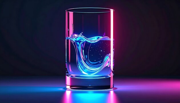 Glass of water with ice cubes on dark background.