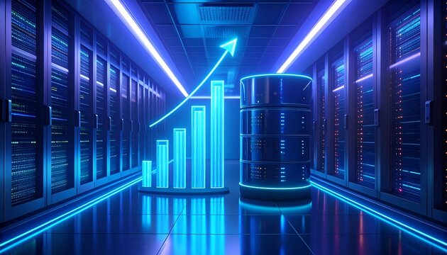 Futuristic server facility with glowing database cylinder and ascending bars, symbolizing data storage growth, enterprise computing, cloud infrastructure, and increasing digital capacity.