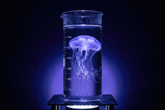 Glowing jellyfish specimen in a laboratory cylinder