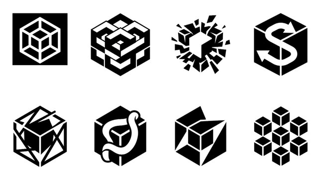 Abstract geometric cube icons set - black and white vector symbol collection