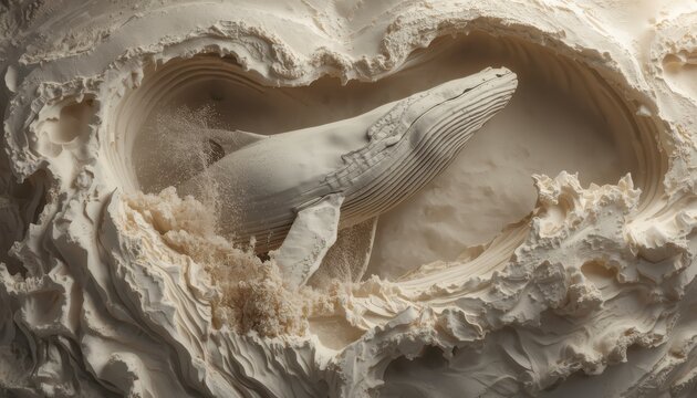 Detailed 3D sand bas relief sculpture of humpback whale emerging from ocean waves