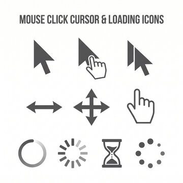 Computer mouse click cursor gray arrow icons set and loading icons. Cursor icon. Vector illustration. Mouse click cursor collection.