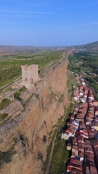 Aerial view from a drone of the area surrounding Quel Castle. Arnedo region. Eastern Rioja or Lower Rioja. Autonomous Community of La Rioja. Spain. Europe