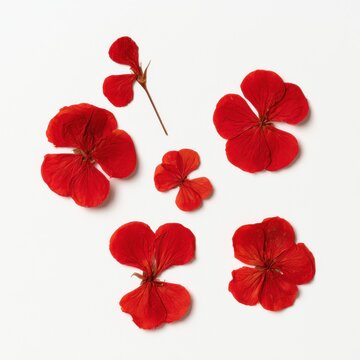 Pressed red geranium flowers, delicate dried flat lay, white background