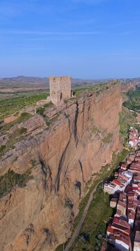 Aerial view from a drone of the area surrounding Quel Castle. Arnedo region. Eastern Rioja or Lower Rioja. Autonomous Community of La Rioja. Spain. Europe