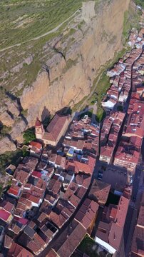 Aerial view from a drone of the area surrounding Quel Castle. Arnedo region. Eastern Rioja or Lower Rioja. Autonomous Community of La Rioja. Spain. Europe