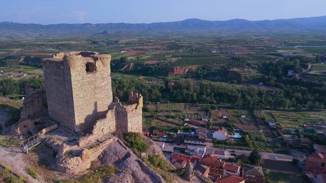 Aerial view from a drone of the area surrounding Quel Castle. Arnedo region. Eastern Rioja or Lower Rioja. Autonomous Community of La Rioja. Spain. Europe
