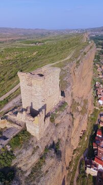 Aerial view from a drone of the area surrounding Quel Castle. Arnedo region. Eastern Rioja or Lower Rioja. Autonomous Community of La Rioja. Spain. Europe