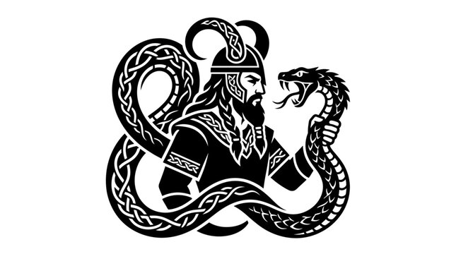 Viking warrior fighting a giant coiled serpent.