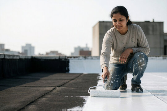 Woman applying reflective roof coating on flat rooftop