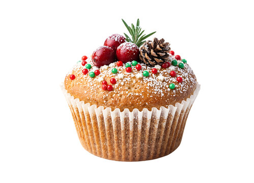 Festive cupcake with cranberries rosemary and pine cone dusted with sugar