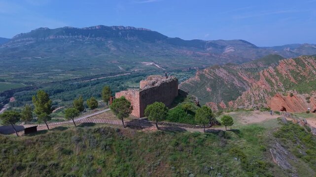 Aerial drone view of the area surrounding Herce Castle and Hermitage. Arnedo region. Eastern Rioja or Lower Rioja. Autonomous Community of La Rioja. Spain. Europe