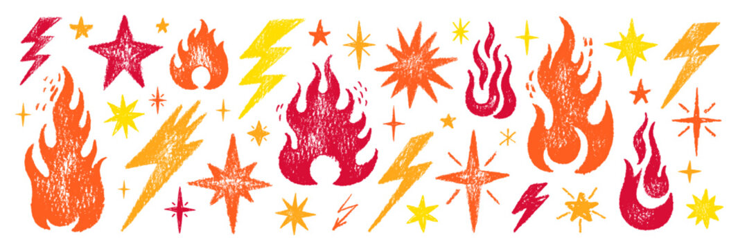 Fire thunder star flame doodle icon. Flame fire lightning bolt star crayon pencil simple scribble set. Hand drawn cartoon hot element. Flash lightning fire star pastel pattern bg. Punk Rock vector bg