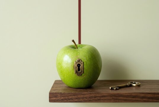 Locked apple on wooden shelf with brass key and keyhole