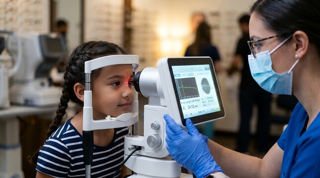 Child undergoing pediatric eye exam with optical biometer for myopia progression check