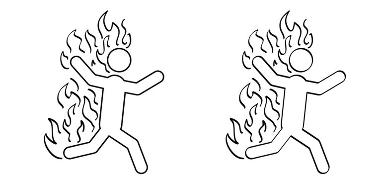 Burning man. Stick figure man walks with body on fire. Warning for extreme heat or fire hazard. Running human man with head, arms and legs in flames. Alarm for life threatening heat, ignition.