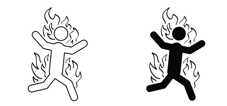 Burning man. Stick figure man walks with body on fire. Warning for extreme heat or fire hazard. Running human man with head, arms and legs in flames. Alarm for life threatening heat, ignition.