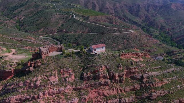 Aerial drone view of the area surrounding Herce Castle and Hermitage. Arnedo region. Eastern Rioja or Lower Rioja. Autonomous Community of La Rioja. Spain. Europe