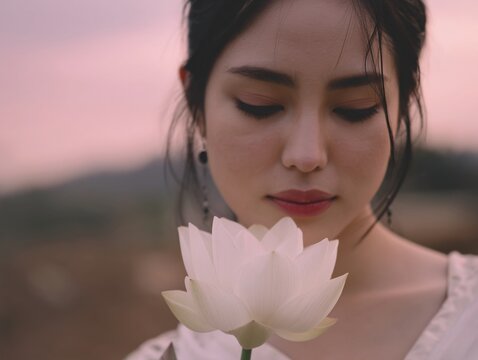 Young thai person gently holding a beautiful lotus flower in front of a soft pastel backdrop