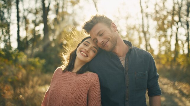 Happy young couple sharing a warm embrace in the sunlight with their eyes closed enjoying a beautiful moment outdoors