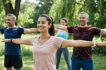 Obraz premium Diverse group of people exercising outdoors in a park during a morning fitness class.