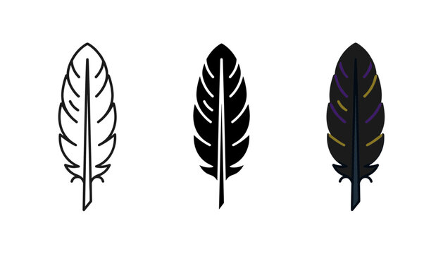 Three stylized feather icons in outline, solid black, and colored versions