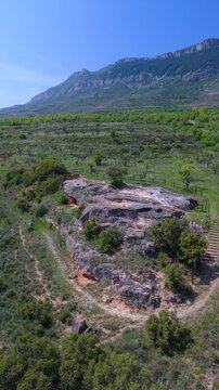 Aerial view from a drone of the wine presses at Cogote de las Pilas in Santa Eulalia Somera, Arnedo region. Eastern Rioja or Lower Rioja. Autonomous Community of La Rioja. Spain. Europe