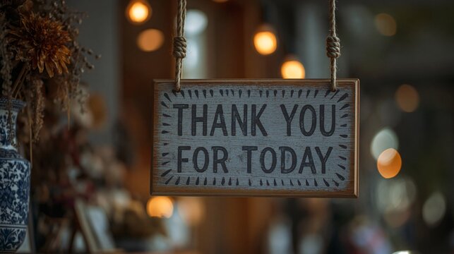 Charming wooden sign displaying gratitude for today suspended in a warm inviting outdoor setting