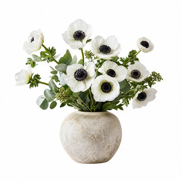 A bouquet of white anemone flowers with dark centers arranged in a textured, round ceramic vase on a plain background. Suitable for floral, home decor, or nature themes.