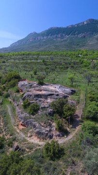 Aerial view from a drone of the wine presses at Cogote de las Pilas in Santa Eulalia Somera, Arnedo region. Eastern Rioja or Lower Rioja. Autonomous Community of La Rioja. Spain. Europe