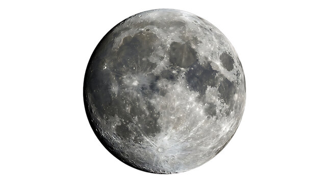 A highly detailed full moon showing craters and lunar surface textures presented as an isolated object on a transparent background isolated on transparent background