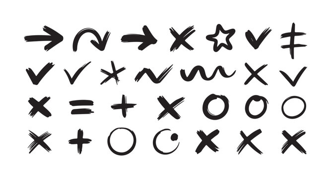 Doodle hand drawn arrow checkmark and cross mark set featuring black ink brush strokes for bullet point list design.