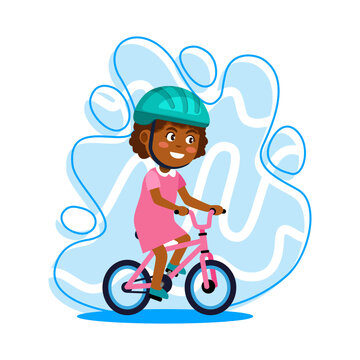 Girl Riding Bicycle Vector Character Cute African American Kid Helmet Cycling Outdoor Activity Sport
