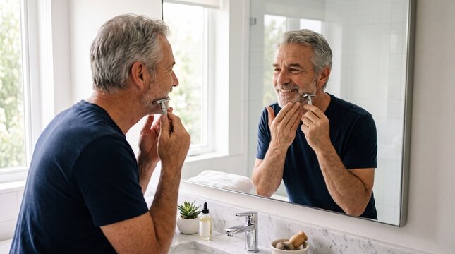 Mature man shaving beard in bathroom, smiling at reflection in mirror, casual morning routine, gray hair, aging gracefully, natural light, home interior