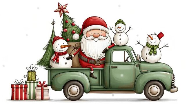 cute funny cartoon Santa Claus, car, snowman, Christmas tree and gifts, animation