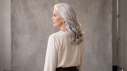 Obraz premium Elegant mature woman with long gray hair, graceful aging, and confident posture, wearing cream blouse and dark trousers, standing in studio with neutral background