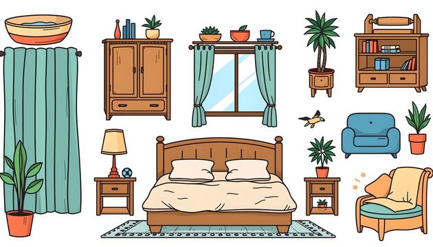 Bedroom furniture, vectorized flat style, bold lines, 2D illustrations, cartoons, pure white background, grid arrangement, stickers, toys, 8K, high definition, 300dpi