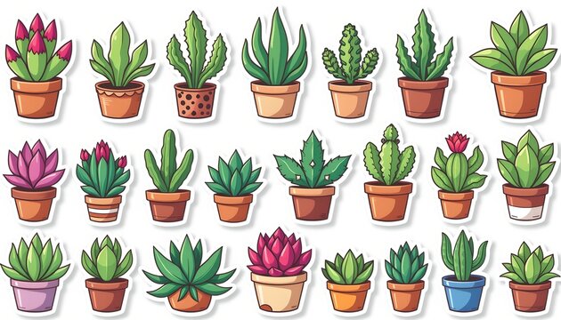 Succulent plants, vectorized flat style, bold lines, 2D illustrations, cartoons, pure white background, grid arrangement, stickers, toys, 8K, high definition, 300dpi