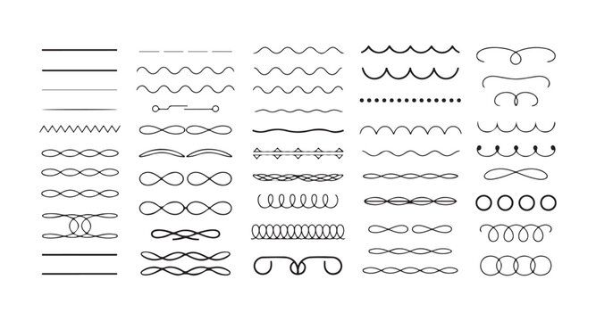 Decorative text dividers set featuring ornate black flourishes and wavy lines for elegant page break layouts design.