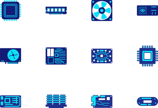 Grid of twelve minimalist blue and cyan vector icons representing various computer hardware components such as CPUs, RAM, cooling fans, motherboards, and circuit boards.