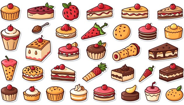 Dessert collection, vectorized flat style, bold lines, 2D illustrations, cartoons, pure white background, grid arrangement, stickers, toys, 8K, high definition, 300dpi