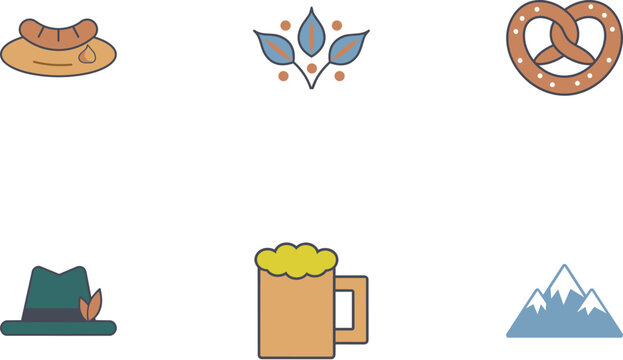 Collection of six flat design icons representing Bavarian culture and Oktoberfest, featuring a sausage, pretzel, beer mug, traditional hat, stylized emblem, and mountains.