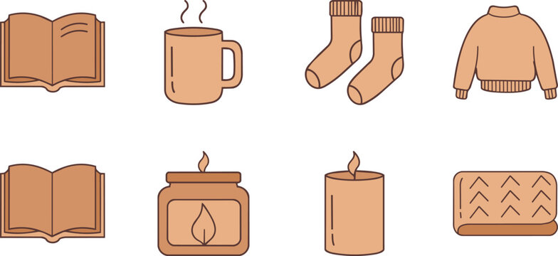 A collection of cozy home comfort items depicted as simple vector illustrations.