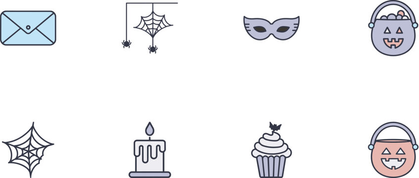 Grid of eight colorful line art icons features Halloween and celebration themes, including spiderwebs, a masquerade mask, pumpkin buckets, a melting candle, an envelope, and a cupcake.