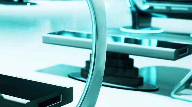 A workspace features advanced technology with clean lines and glowing elements. Monitors stand on bases and reflect a bright atmosphere. The scene shows modern design in action.