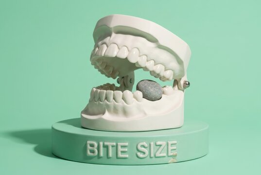 Dental jaw model with bite size text for clinic education and oral care