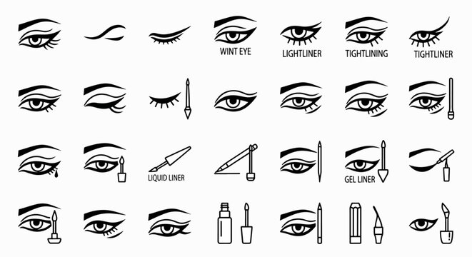 Set of eye makeup styles and eyeliner types, perfect for beauty and cosmetic designs, vector illustration